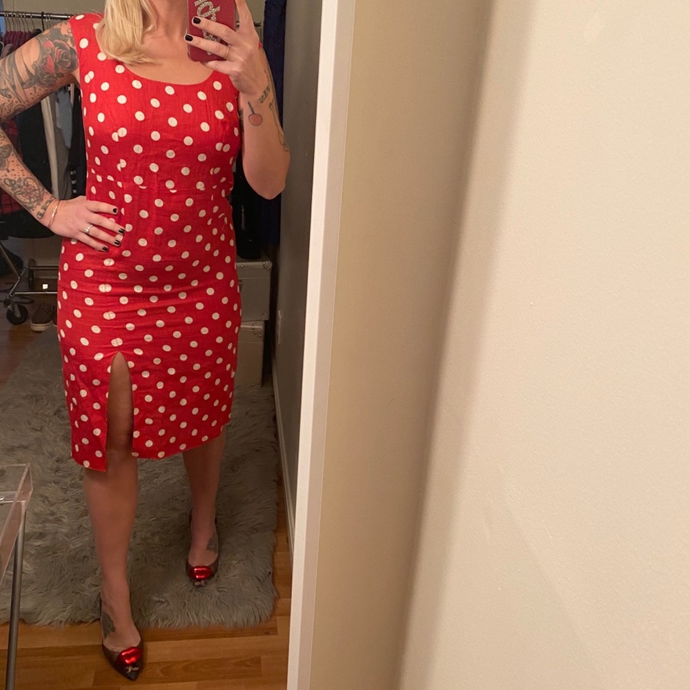 VINTAGE 70s MILA SCHON LINEN POLKA DOT PINUP DRESS - Picture 10 of 10